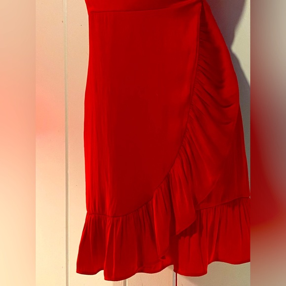 Free People Intimately red silky wrap dress surplice neck,ruffle hi low hem sz.S - Picture 6 of 11